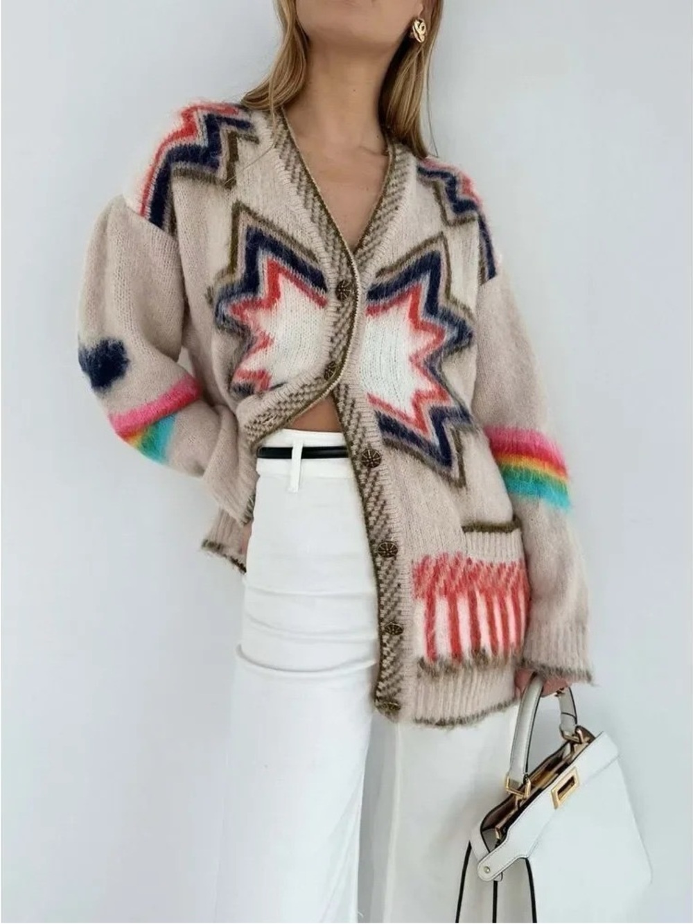 Commense Beige Star Pattern Oversized Cardigan Sweater with Rainbow Accents